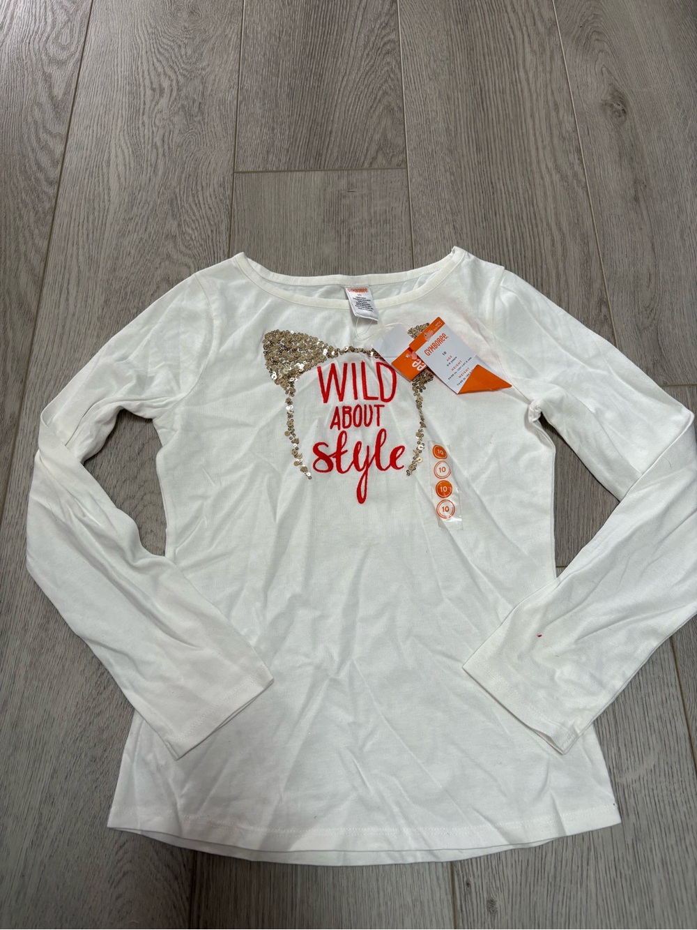 Gymboree White Tee with Red Script and Gold Sequins